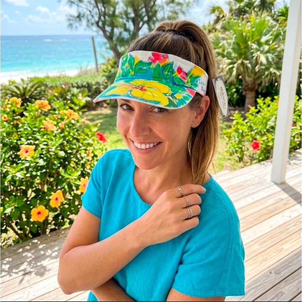Bermuda Artist Joan K Aspinall Floral Sun Visor Hand Painted Hibiscus Cotton New